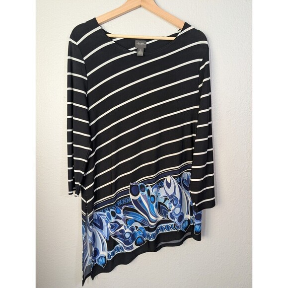 Chicos Travelers Diagonal Striped Top Black White Large - Picture 2 of 8